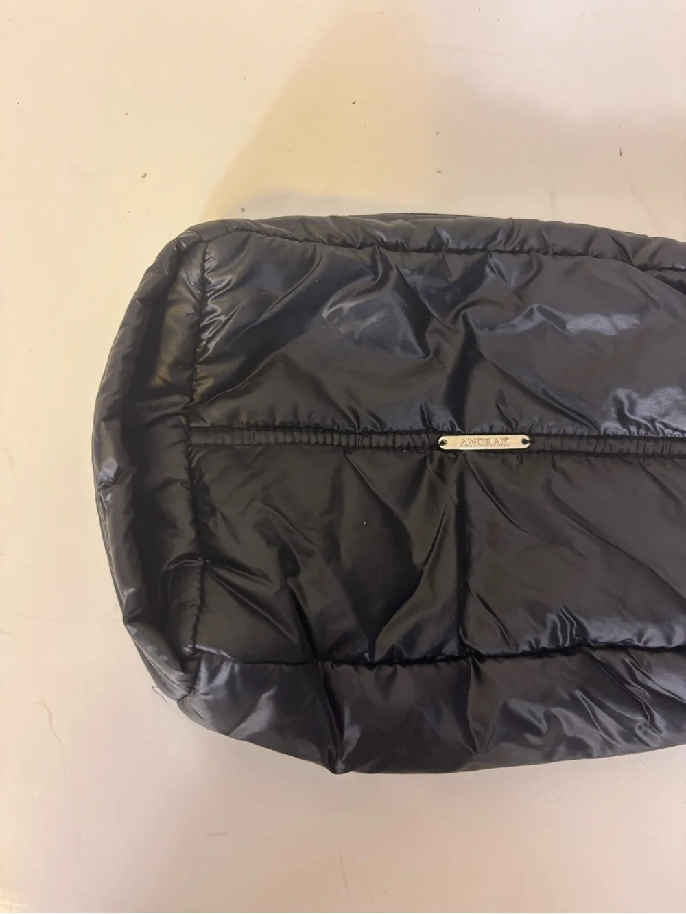 Anorak Black Shiny Quilted Puffer Cosmetic Makeup Bag Pouch with Handle